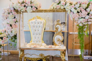 Elegant floral wedding decor setup.