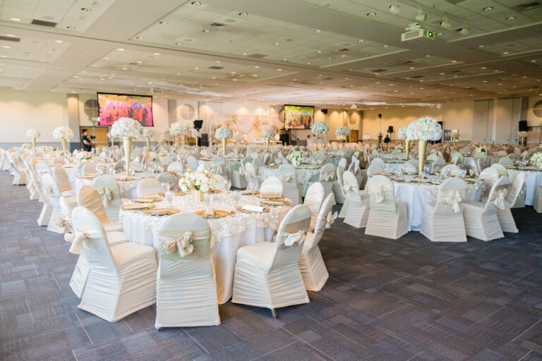 Elegant banquet hall with decorated tables