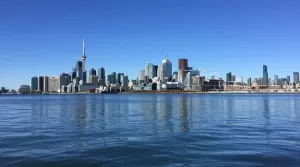 Clear skyline over calm water.